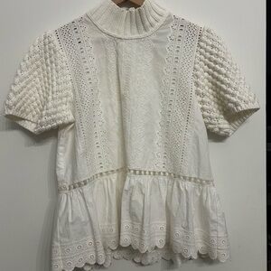 Sea New York eyelet white blouse with bobble knit short sleeve